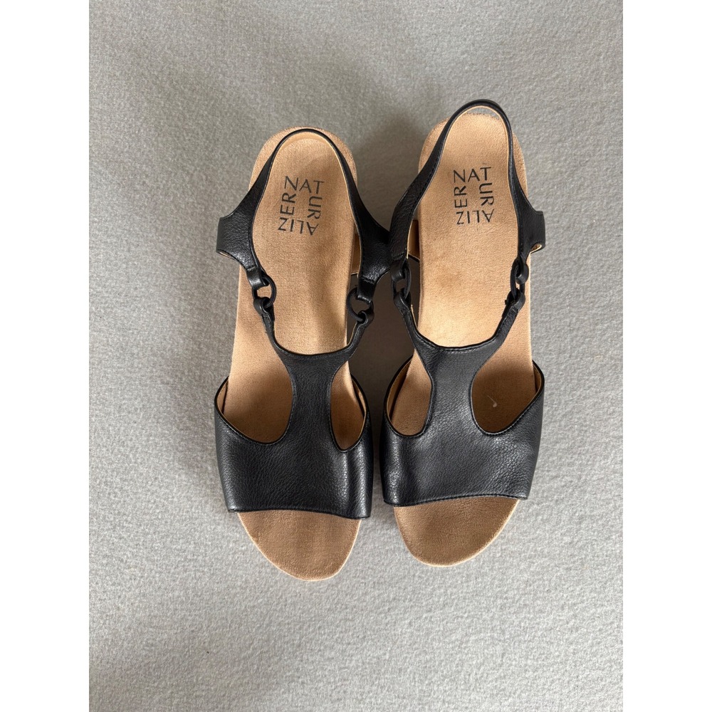 Naturalizer T-Strap Wedge Sandals 10M Excellent Black Cork Slingback Comfort - Picture 1 of 7